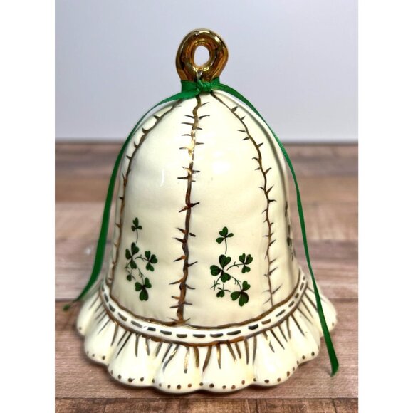 Irish Ceramic Bell With Green Clover Design Gold Accents & Green Ribbon Decorati - Picture 1 of 4